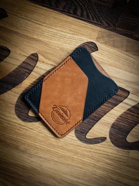 handmade minimalist black and almond brown vegetable tanned leather cardholder