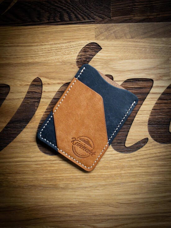 Handmade minimalist blue and almond brown vegetable tanned leather cardholder