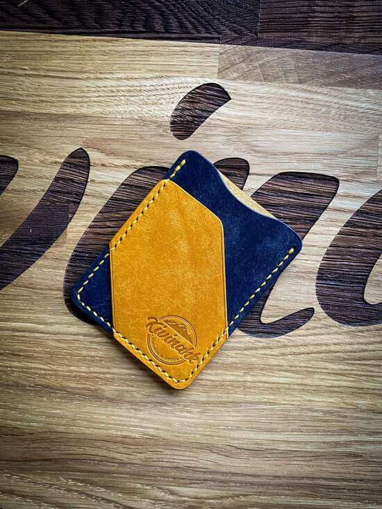 handmade minimalist blue and yellow vegetable tanned leather cardholder
